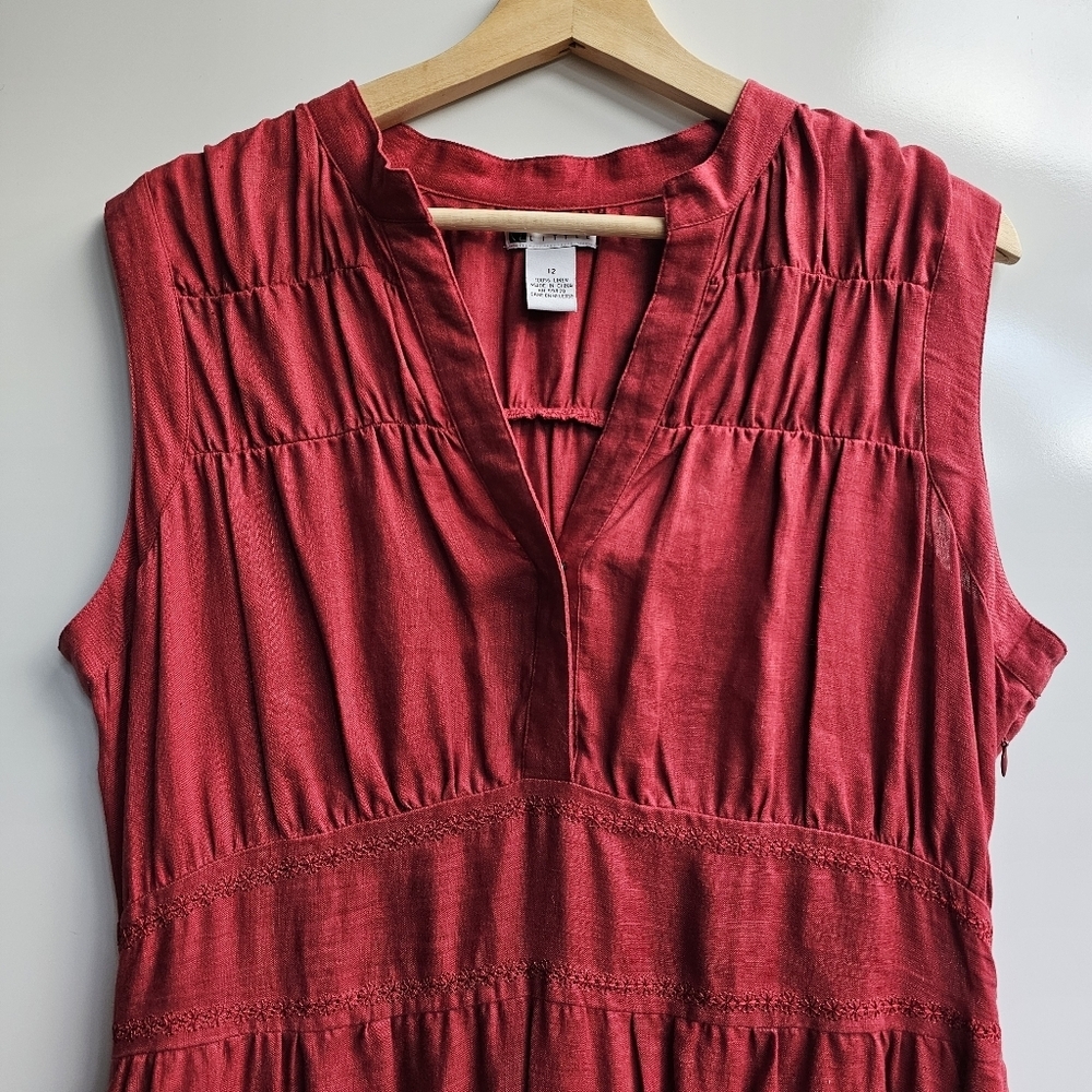 RUST Color!Vintage Carole Little Linen Dress, Rust Color Tiered Ruched, Size 12 - Picture 3 of 14